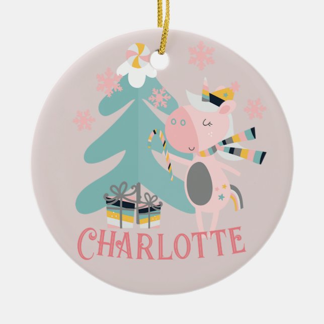 Niedlich Boho Christmas Unicorn mit dem Namen auf  Keramik Ornament (Vorne)
