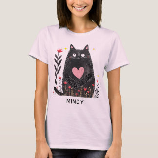 Niedlich Boho Floral Watercolor Schwarze Katze Per T-Shirt