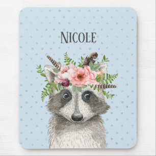 Niedlich Boho Raccoon mit Blumenkronen und Name Mousepad