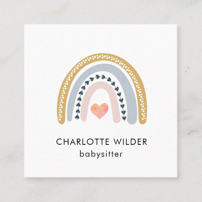Niedlich Boho Rainbow Babysitter Business Card Quadratische Visitenkarte (Vorderseite)
