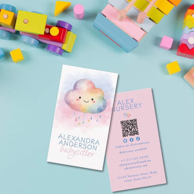 Niedlich Boho Rainbow Cloud Watercolor Babysitter Visitenkarte (Cute Boho Rainbow Cloud Watercolor Babysitter Business Card)