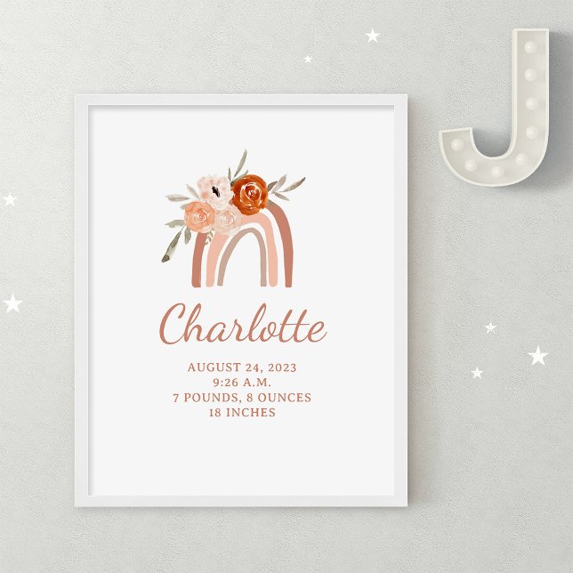 Niedlich Boho Rainbow | Geburtsstunde des Neugebor Poster (A cute, boho baby birth stats poster with a terracotta rainbow and flowers)