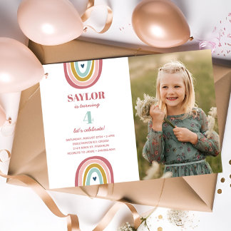 Niedlich Boho Rainbow Pink Foto Geburtstag Einladung