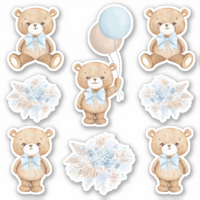 Niedlich Boho Teddy Bear mit Pastel Blue Ballon Aufkleber (Vorderseite)
