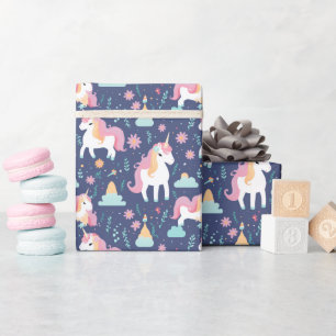 Niedlich Boho Unicorn Regenbogenwolken Blau Rosa Geschenkpapier