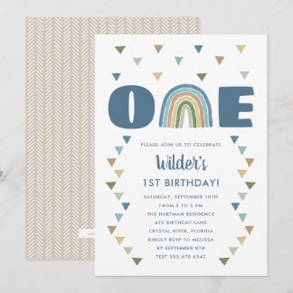 Niedlich Boho Watercolor Rainbow Birthday Blue Fir Einladung