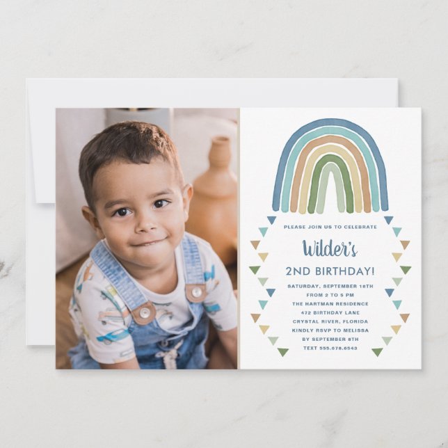 Niedlich Boho Watercolor Rainbow Foto Birthday Blu Einladung (Vorderseite)