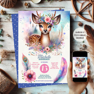 Niedlich Boho Watercolor Woodland Deen Birthday Pa Einladung