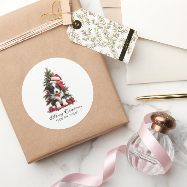 Niedlich Border Collie Christmas Welpe Personalisi Runder Aufkleber (Schenken)