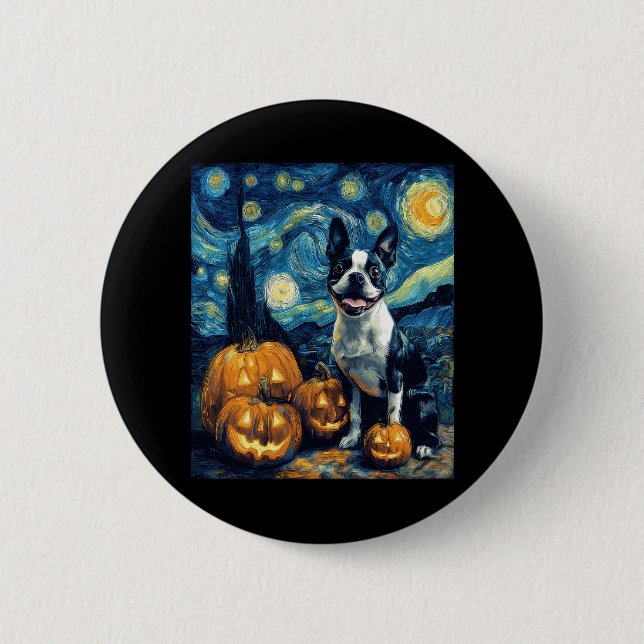 Niedlich Boston Terrier Dog Halloween Kürbislatern Button (Vorderseite)