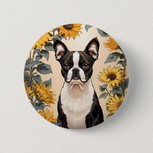 Niedlich Boston Terrier Gelbe Sonnenblumen Button