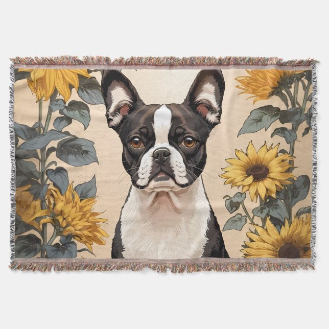 Niedlich Boston Terrier Gelbe Sonnenblumen Decke (Vorderseite)