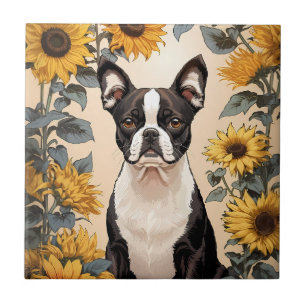 Niedlich Boston Terrier Gelbe Sonnenblumen Fliese