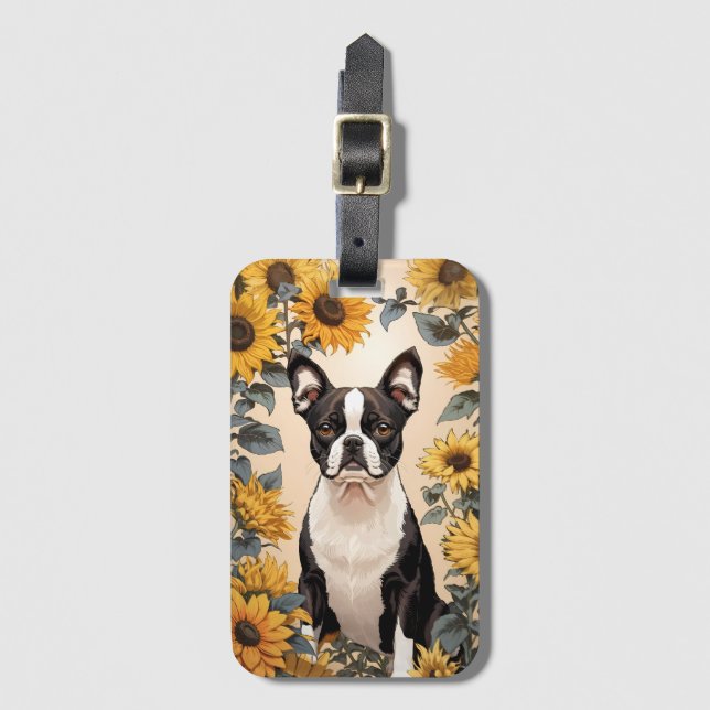 Niedlich Boston Terrier Gelbe Sonnenblumen Gepäckanhänger (Vorderseite Vertikal)
