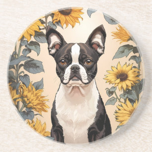 Niedlich Boston Terrier Gelbe Sonnenblumen Getränkeuntersetzer