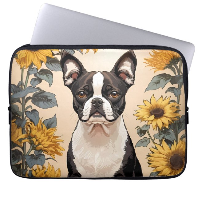Niedlich Boston Terrier Gelbe Sonnenblumen Laptopschutzhülle (Vorderseite)