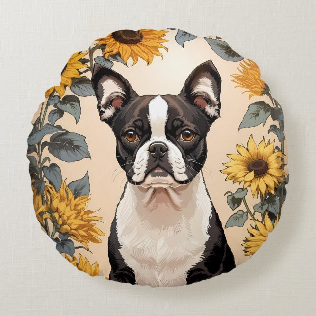 Niedlich Boston Terrier Gelbe Sonnenblumen Rundes Kissen (Vorderseite)