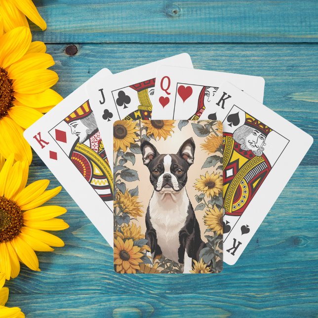 Niedlich Boston Terrier Gelbe Sonnenblumen Spielkarten (Von Creator hochgeladen)
