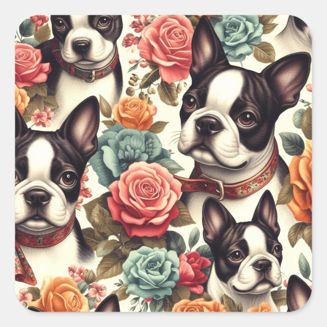 Niedlich Boston Terrier Illustration Quadratischer Aufkleber (Vorderseite)