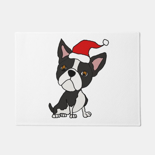 Niedlich Boston Terrier in Weihnachtsmannmütze Wei Fußmatte (Vorderseite)