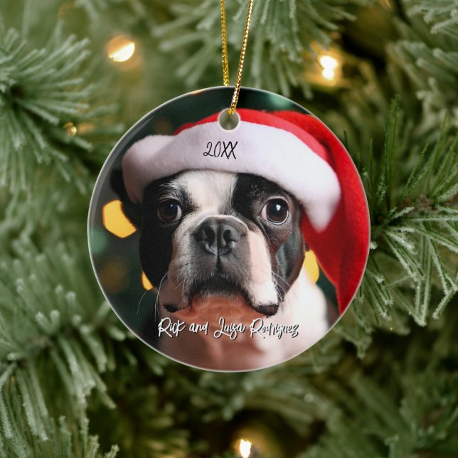 Niedlich Boston Terrier mit Weihnachtsmannmütze We Keramik Ornament (Baum)