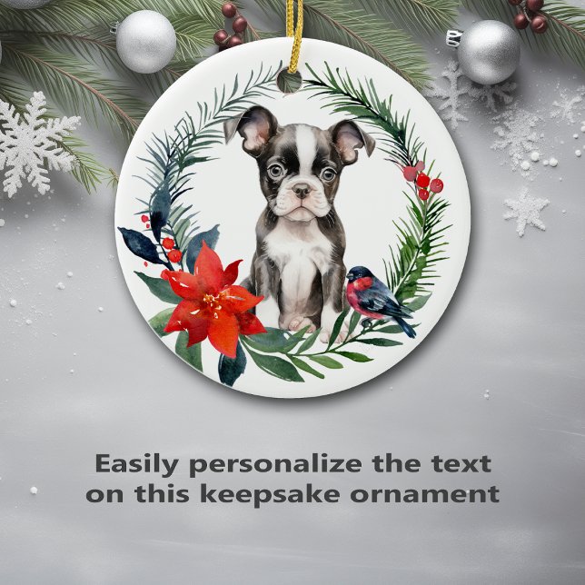 Niedlich Boston Terrier Puppy Watercolor Poinsetti Keramik Ornament (Von Creator hochgeladen)