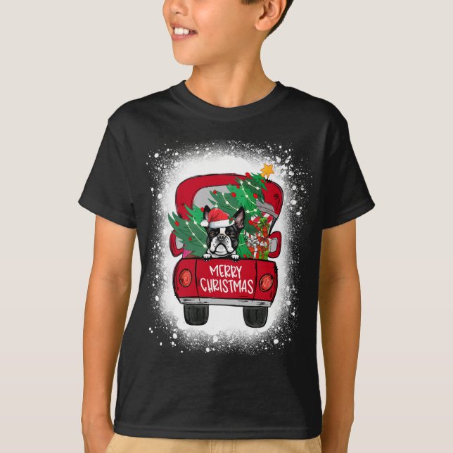 Niedlich Boston Terrier Red Truck Merry Christmas  T-Shirt (Vorderseite)