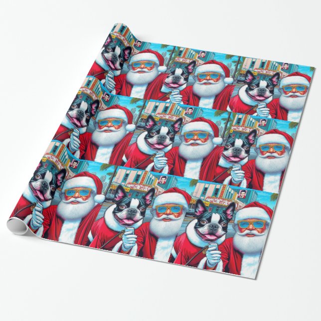 Niedlich Boston Terrier Santa Clause Weihnachtsdes Geschenkpapier (Ungerollt)
