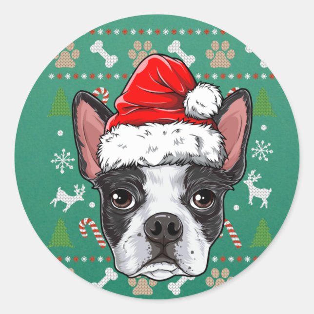 Niedlich Boston Terrier Ugly Christmas Sweater San Runder Aufkleber (Vorderseite)