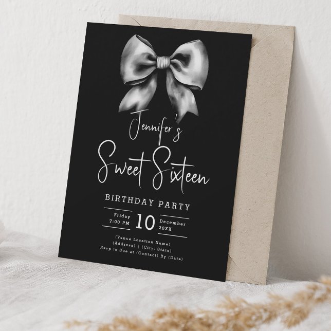 Niedlich Bow Coquette Script Sweet 16 Party Black Einladung (Cute Bow Coquette Script Sweet 16 Party Black Invitation)