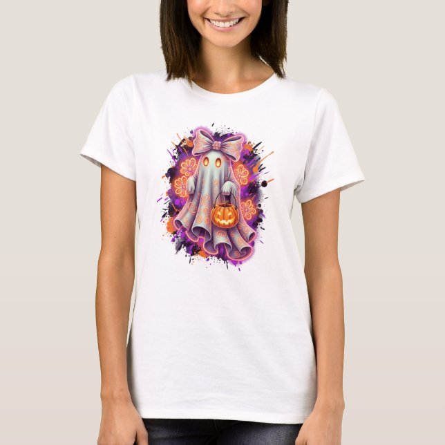 Niedlich Bow Ghost Pumpkin Halloween Shirt (Vorderseite)