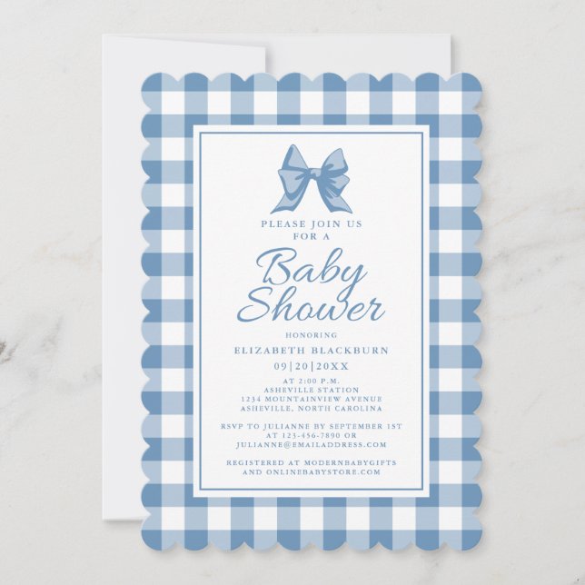 Niedlich Bow Pastel Blue & White Gingham Karo Must Einladung (Vorderseite)
