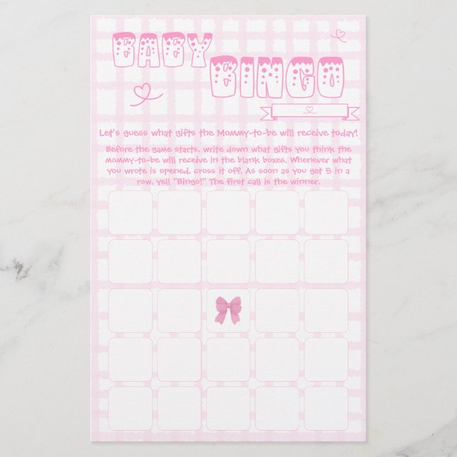 Niedlich Bow Pastel Pink Gingham Baby Bingo Game F (Vorderseite)
