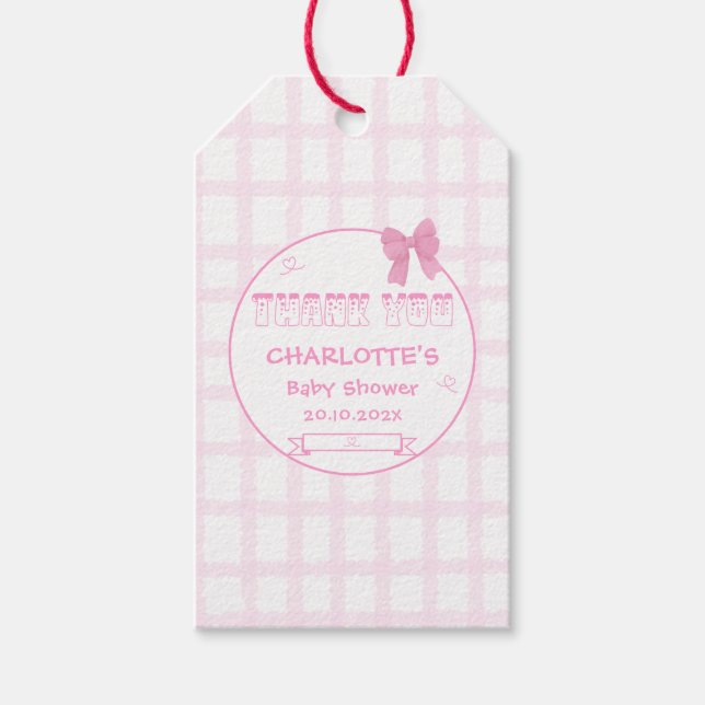 Niedlich Bow Pastel Pink Gingham Baby Dusche Geschenkanhänger (Vorderseite)