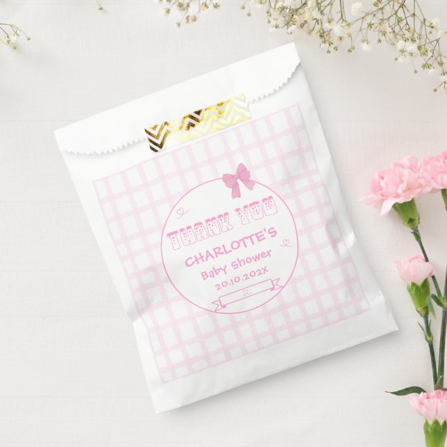 Niedlich Bow Pastel Pink Gingham Baby Dusche Geschenktütchen (Versiegelt)