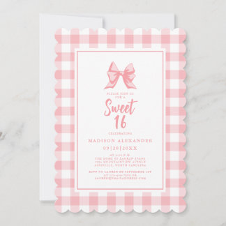 Niedlich Bow Pastel Pink White Gingham Karo Geburt Einladung