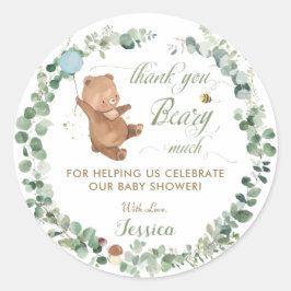 Niedlich Boy Baby Bear Greenery Kraut Vielen Dank Runder Aufkleber