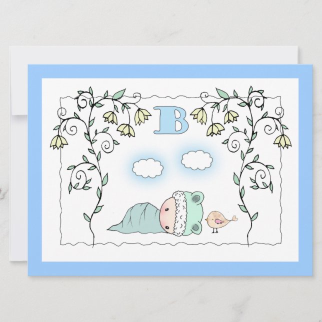 Niedlich Boy Baby Dusche Invites Baby and Bird Einladung (Vorderseite)