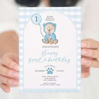 Niedlich Boy Blue Gingham Balloon Beary First Birt Einladung