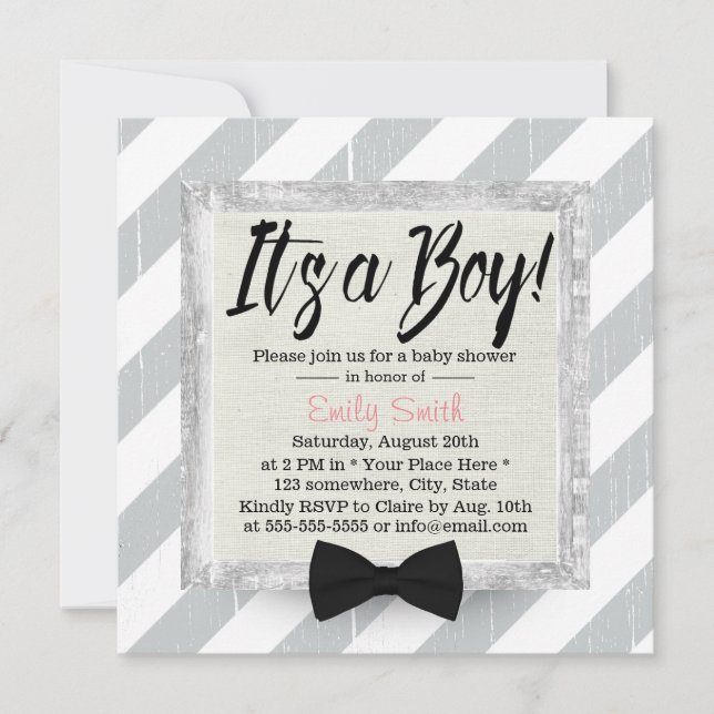 Niedlich Boy Bow Krawatte Light Gray Stripes Babyd Einladung (Vorderseite)