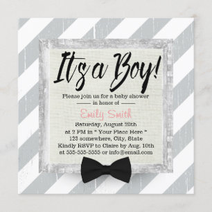Niedlich Boy Bow Krawatte Light Gray Stripes Babyd Einladung