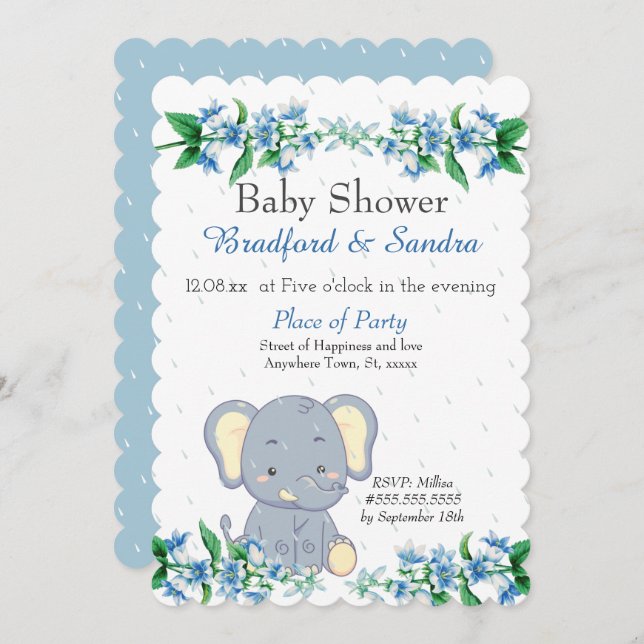 Niedlich Boy Elephant Blue Floral Baby Dusche Einladung (Vorne/Hinten)
