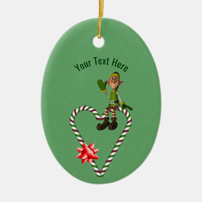 Niedlich Boy Elf Candy Cane Holiday Personalisiert Keramik Ornament (Vorne)