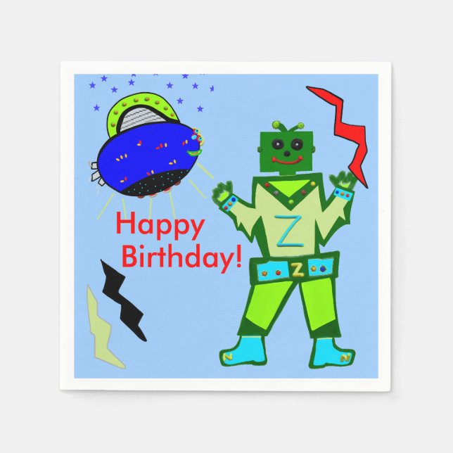 Niedlich Boy Robot Blue Spaceship Geburtstag Serviette (Vorderseite)