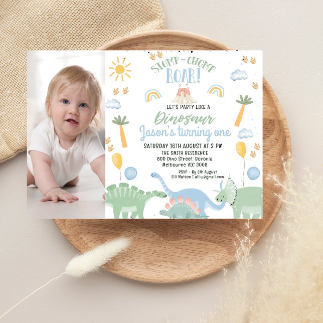 Niedlich Boys Foto Party wie Dinosaur 1. Geburtsta Einladung (Boys Party Like A Dinosaur 1st Birthday Invitation, Stomp Chomp Roar Dinosaur Birthday Party Invite)