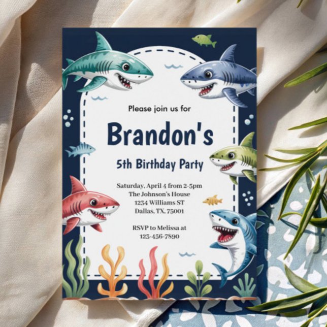 Niedlich Boys Watercolor Shark Birthday Party Einladung (Von Creator hochgeladen)