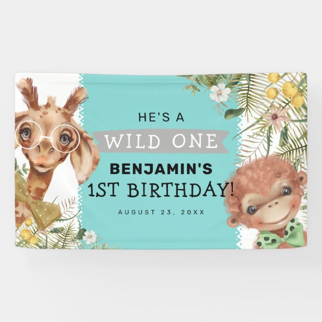 Niedlich Boys Wild One Jungle Birthday Party Banne Banner (Horizontal)