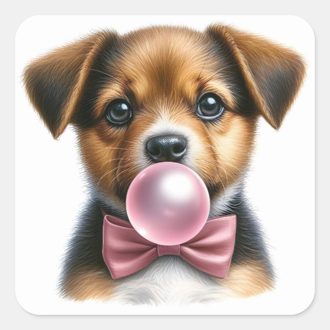Niedlich-braune Puppy-Pink-Bow-Krawatte blasen Blu Quadratischer Aufkleber (Vorderseite)
