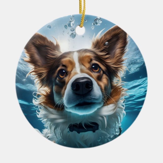 Niedlich-Brauner Weißer Hund Unterwasser-schwimmen Keramik Ornament (Vorne)