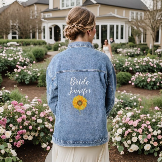 Niedlich Bride Sunflower Blume Wedding Bachelorett Jeansjacke (Hochzeit Rückseite)